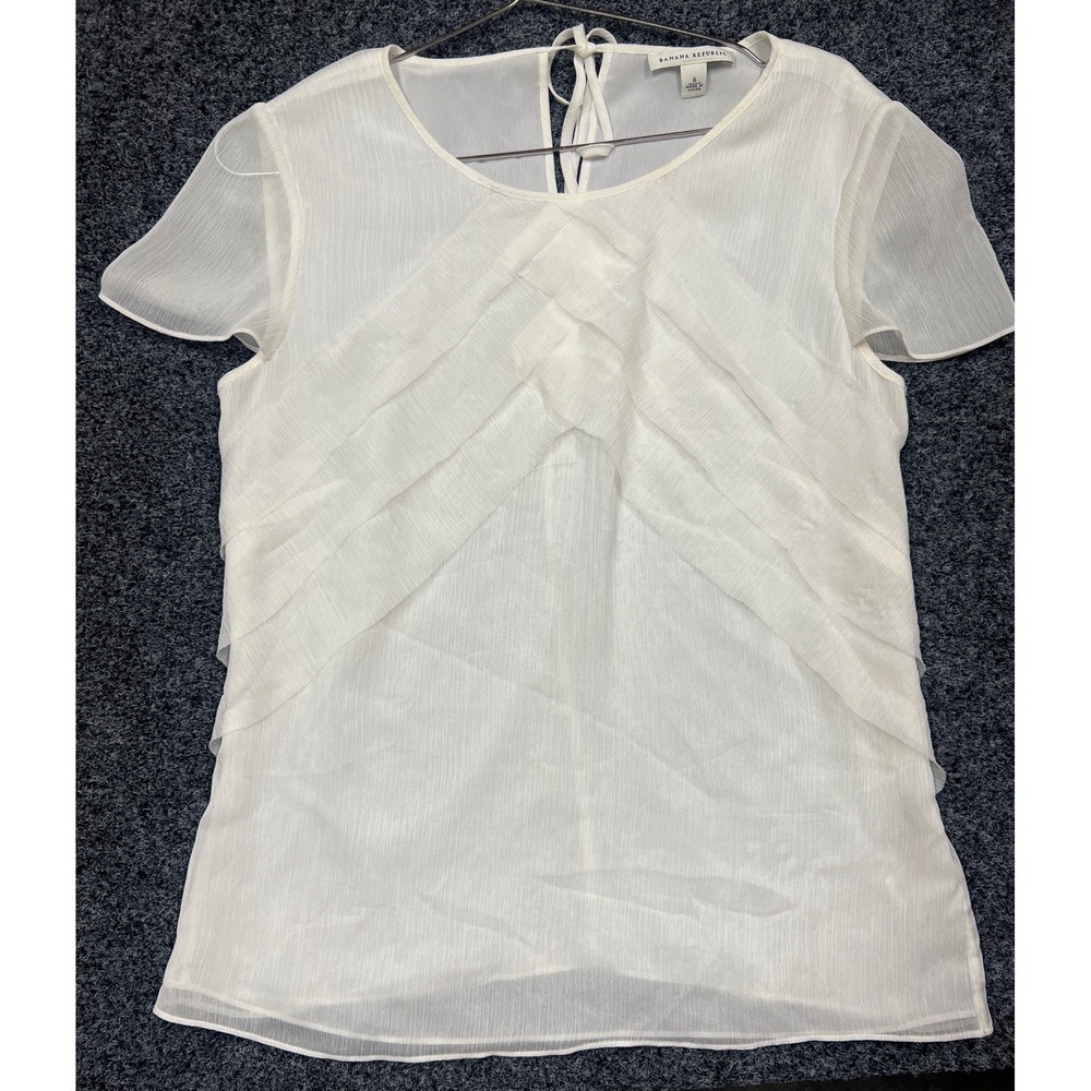 Banana Republic Blouse Womens 6 White Pleated Tie Back Flutter Sleeve Sheer Top